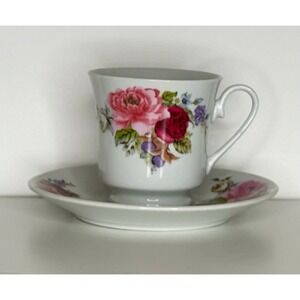 Vintage Bloomrite Tea Cup W/ Saucer Multi Colored Roses W/stems Small Chip